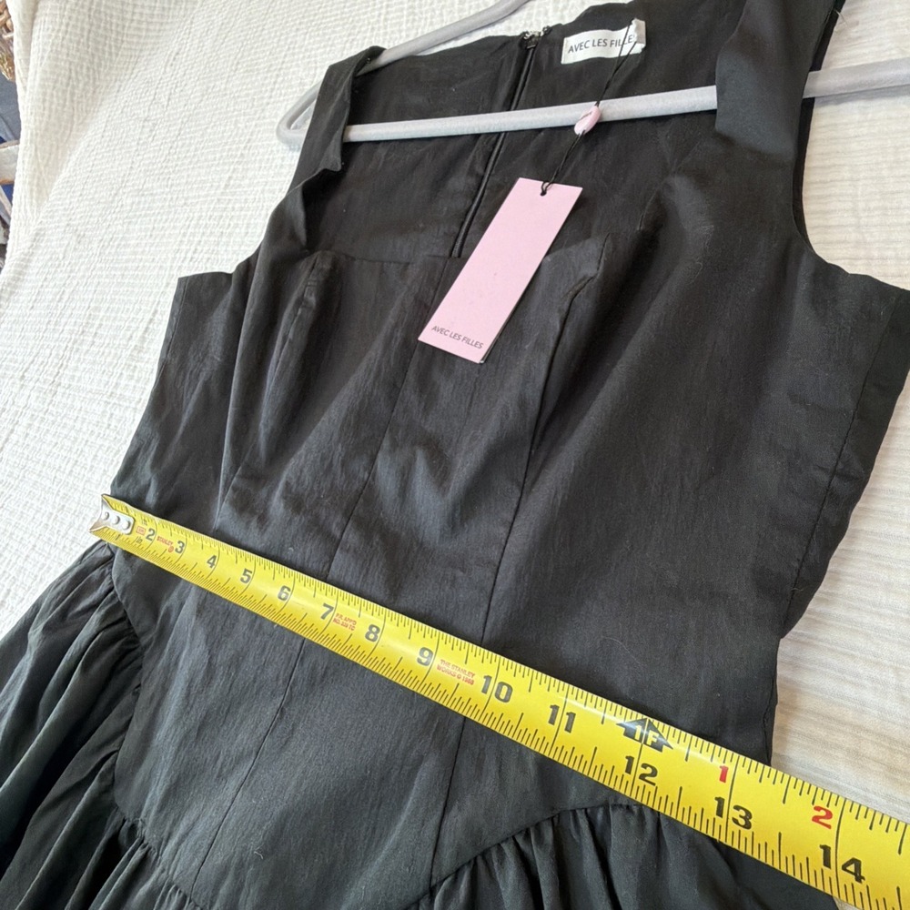 Avec Les Filles Black Basque Waist Mini Dress Square Neck Pockets Size 4 - Picture 8 of 12